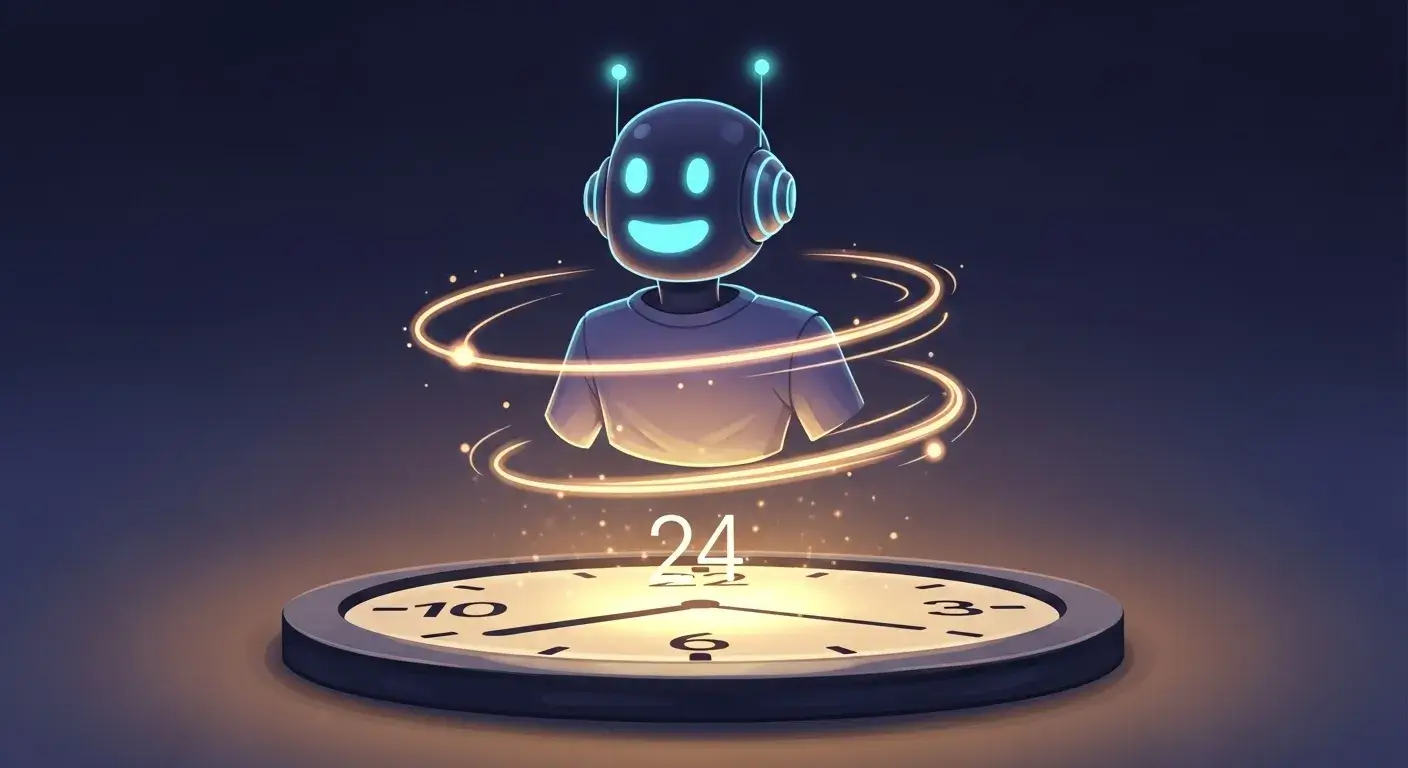 Illustration of AI assistant with 24/7 clock symbol and instant glowing lines