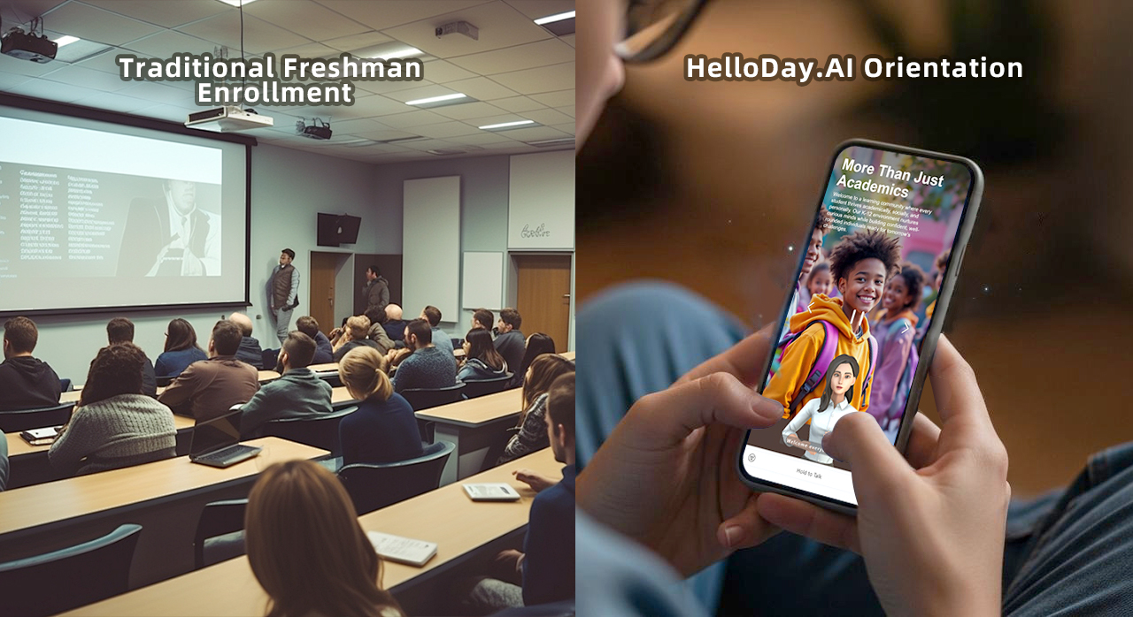 Traditional student orientation in auditorium